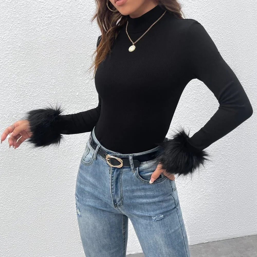 Black Casual Women's Fuzzy Cuff Mock Neck Y2k Tee - Picture 5 of 5